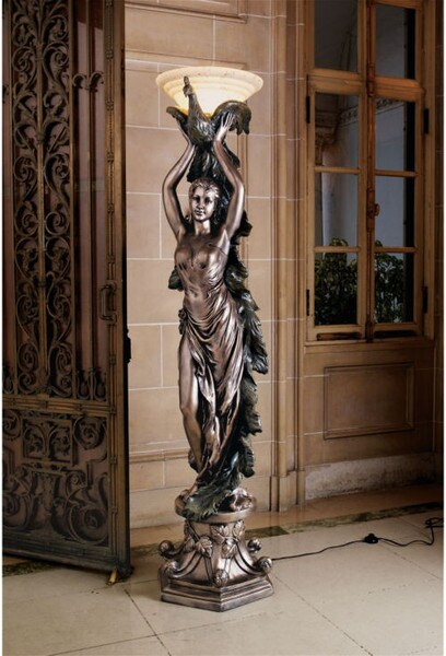 Peacock Goddess Torchiere Floor Lamp Art Deco Statue Statuary Artwork